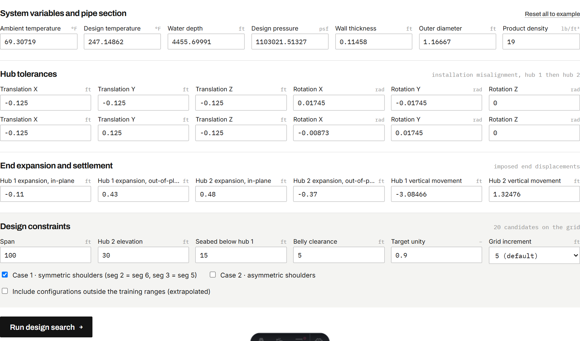 Design page inputs: system variables, hub tolerances, end displacements and design constraints across the page