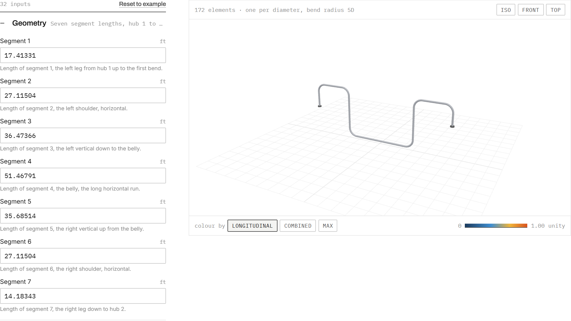 The strength prediction page: grouped inputs on the left, 3D view of the jumper on the right